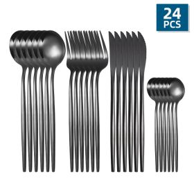 24pcs/Set Stainless Steel Cutlery; Portuguese Cutlery Spoon; Western Cutlery Set - Black