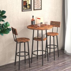 double -layer round bar table set 3PC breakfast table; including 2 back stools with back(Rustic Brown; 23.62''w x 23.62''d x 35.43''h) - 3