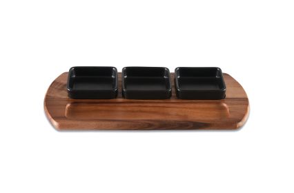 Charcuterie/ Serving Tray w/ 3 black square ceramic bowls