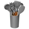 11Pcs Silicone Cooking Utensil Set Heat Resist Wooden Handle Silicone Spatula Turner Ladle Spaghetti Server Tongs - Grey